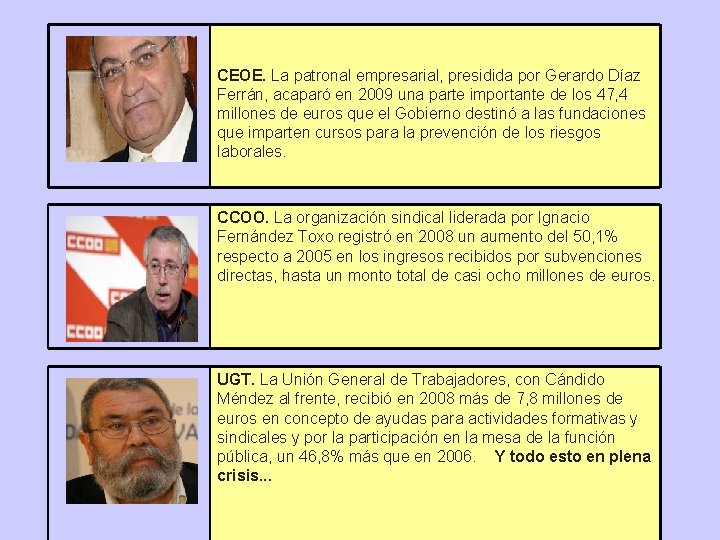 CEOE. La patronal empresarial, presidida por Gerardo Díaz Ferrán, acaparó en 2009 una parte