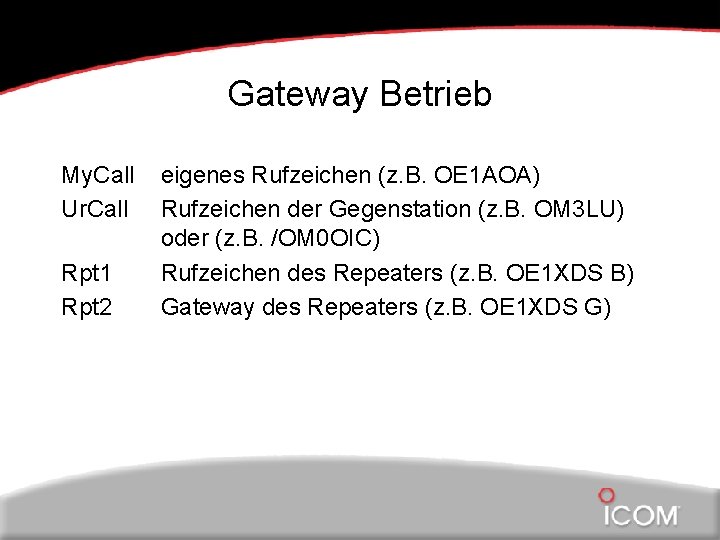 Gateway Betrieb My. Call Ur. Call Rpt 1 Rpt 2 eigenes Rufzeichen (z. B.