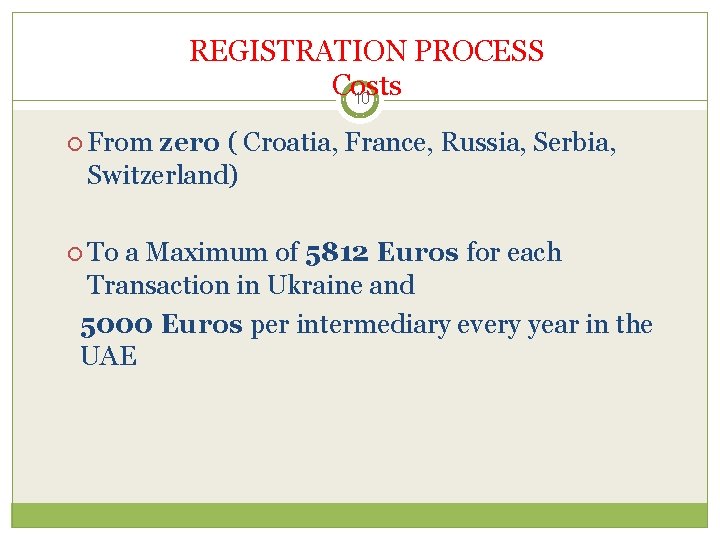 REGISTRATION PROCESS Costs 10 From zero ( Croatia, France, Russia, Serbia, Switzerland) To a