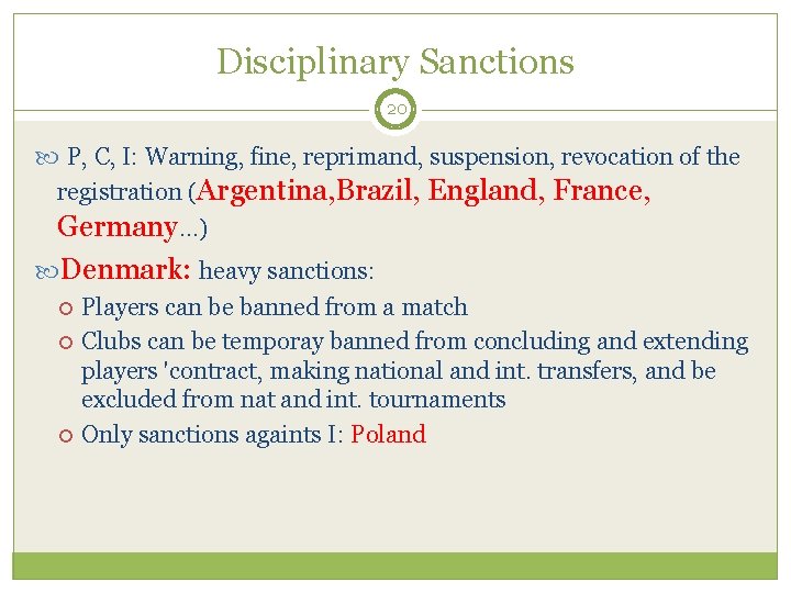 Disciplinary Sanctions 20 P, C, I: Warning, fine, reprimand, suspension, revocation of the registration