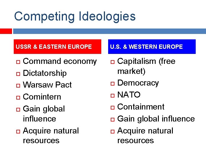 Competing Ideologies USSR & EASTERN EUROPE Command economy Dictatorship Warsaw Pact Comintern Gain global