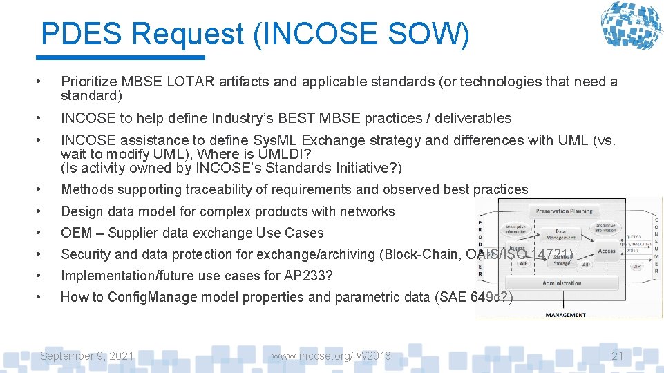 PDES Request (INCOSE SOW) • Prioritize MBSE LOTAR artifacts and applicable standards (or technologies