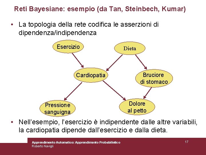 Reti Bayesiane: esempio (da Tan, Steinbech, Kumar) • La topologia della rete codifica le