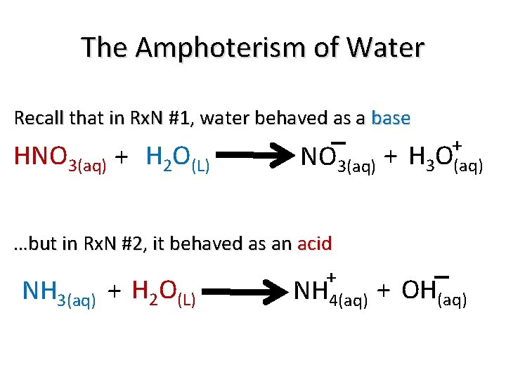 The Amphoterism of Water Recall that in Rx. N #1, water behaved as a