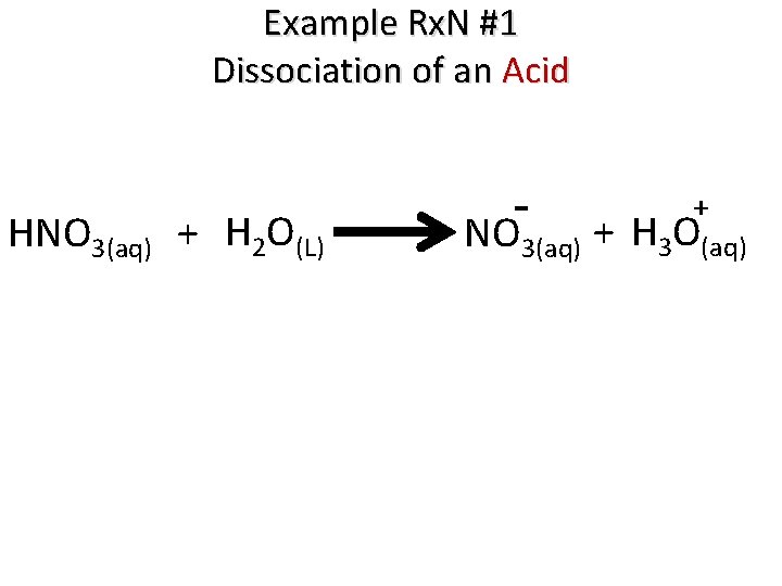 Example Rx. N #1 Dissociation of an Acid HNO 3(aq) + H 2 O(L)