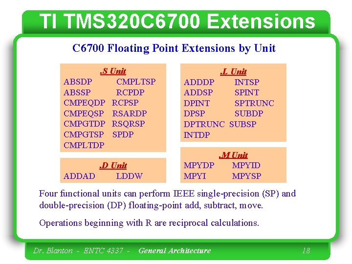 TI TMS 320 C 6700 Extensions C 6700 Floating Point Extensions by Unit. S