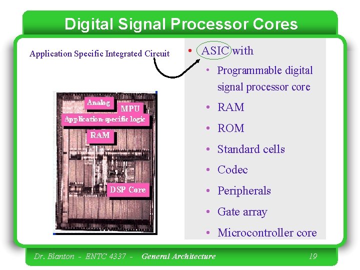 Digital Signal Processor Cores Application Specific Integrated Circuit • ASIC with • Programmable digital