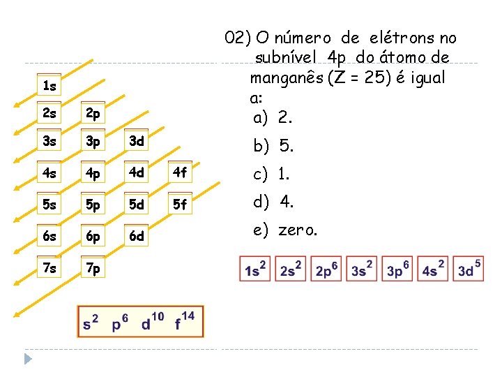 02) O número de elétrons no subnível 4 p do átomo de manganês (Z