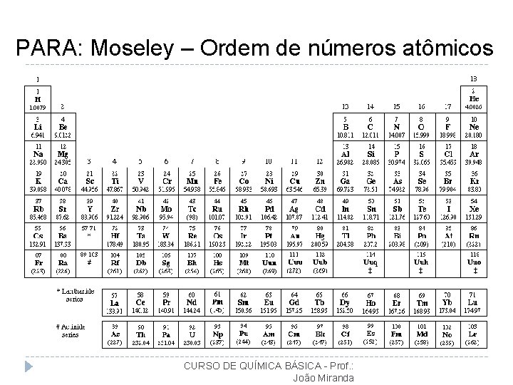 PARA: Moseley – Ordem de números atômicos CURSO DE QUÍMICA BÁSICA - Prof. :