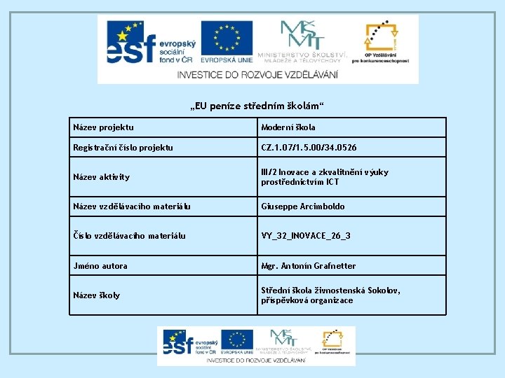 „EU peníze středním školám“ Název projektu Moderní škola Registrační číslo projektu CZ. 1. 07/1.