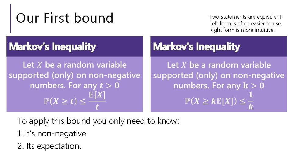 Our First bound Markov’s Inequality Two statements are equivalent. Left form is often easier