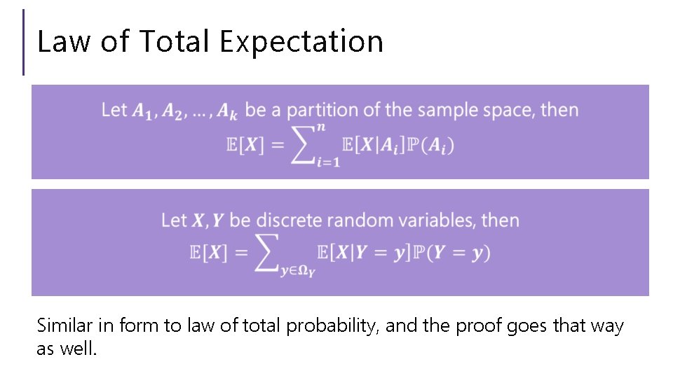 Law of Total Expectation Similar in form to law of total probability, and the