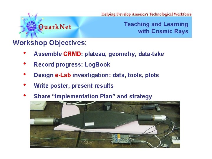 Teaching and Learning with Cosmic Rays Workshop Objectives: • • • Assemble CRMD: plateau,