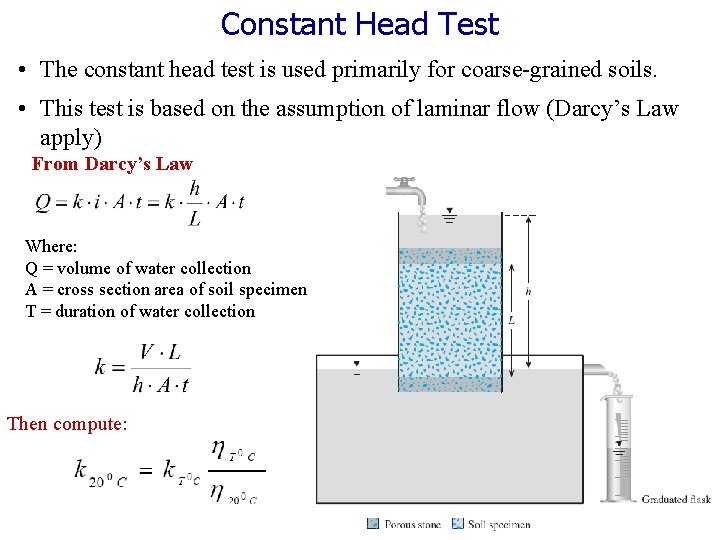 Constant Head Test • The constant head test is used primarily for coarse-grained soils.