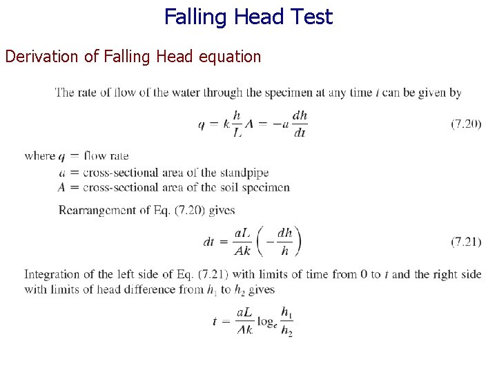 Falling Head Test Derivation of Falling Head equation 