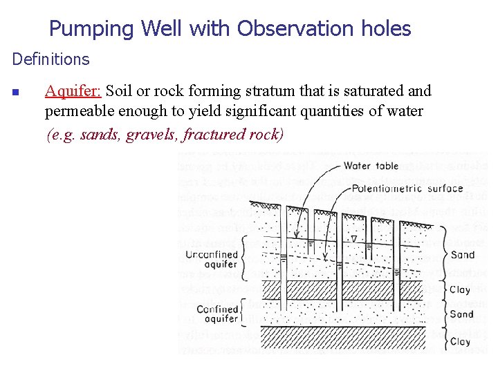 Pumping Well with Observation holes Definitions n Aquifer: Soil or rock forming stratum that