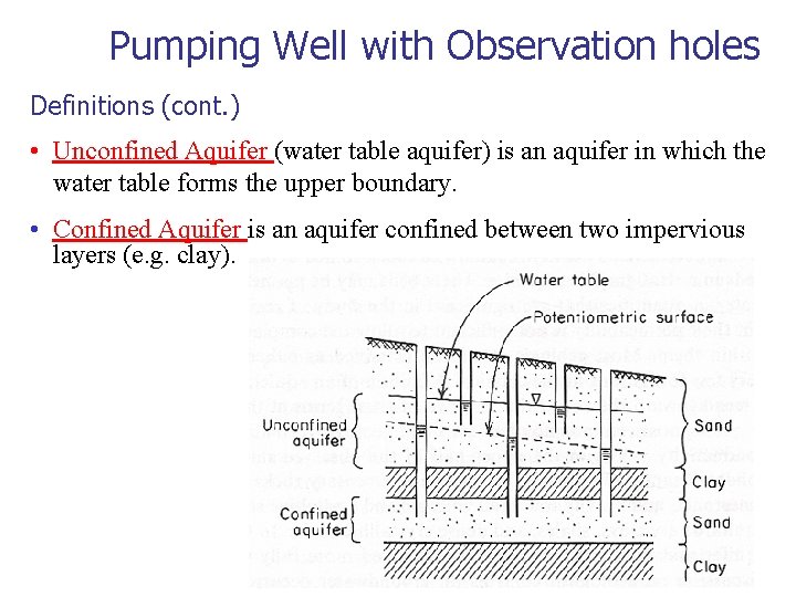 Pumping Well with Observation holes Definitions (cont. ) • Unconfined Aquifer (water table aquifer)