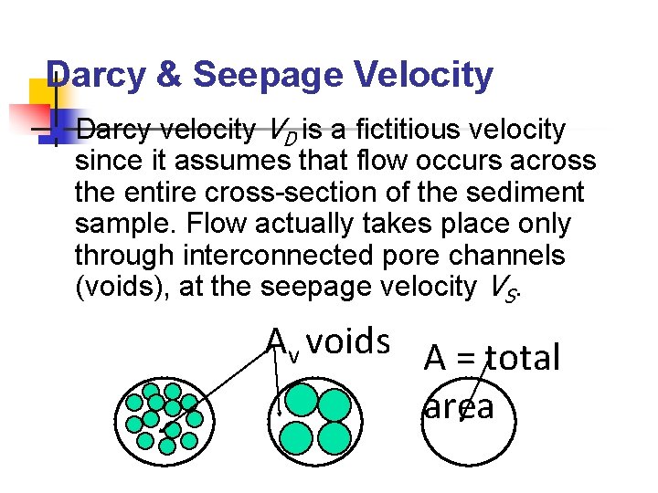 Darcy & Seepage Velocity n Darcy velocity VD is a fictitious velocity since it