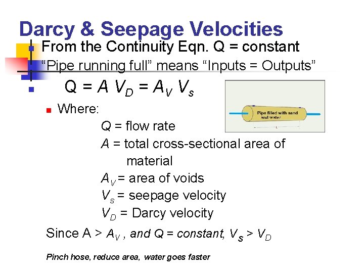 Darcy & Seepage Velocities n From the Continuity Eqn. Q = constant n “Pipe