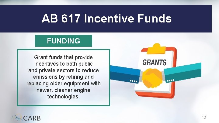 AB 617 Incentive Funds FUNDING Grant funds that provide incentives to both public and