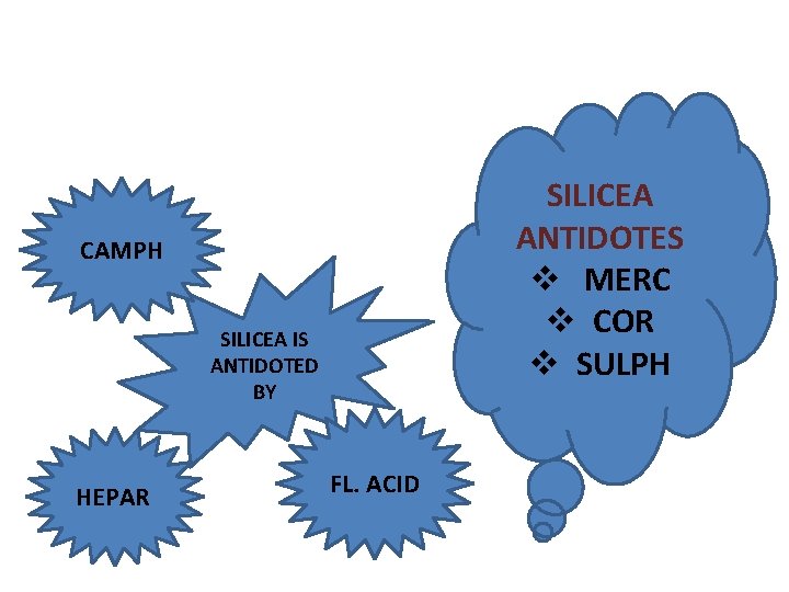 SILICEA ANTIDOTES v MERC v COR v SULPH CAMPH SILICEA IS ANTIDOTED BY HEPAR SILICEA ANTIDOTES v MERC v COR v SULPH CAMPH SILICEA IS ANTIDOTED BY HEPAR