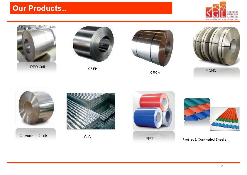 Our Products. . HRPO Coils Galvanized Coils CRFH GC CRCA PPGI MCHC Profiles &
