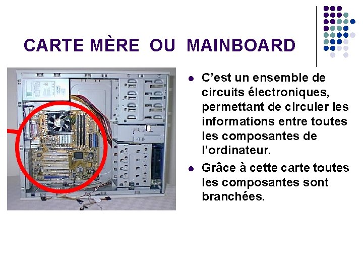 CARTE MÈRE OU MAINBOARD l l C’est un ensemble de circuits électroniques, permettant de