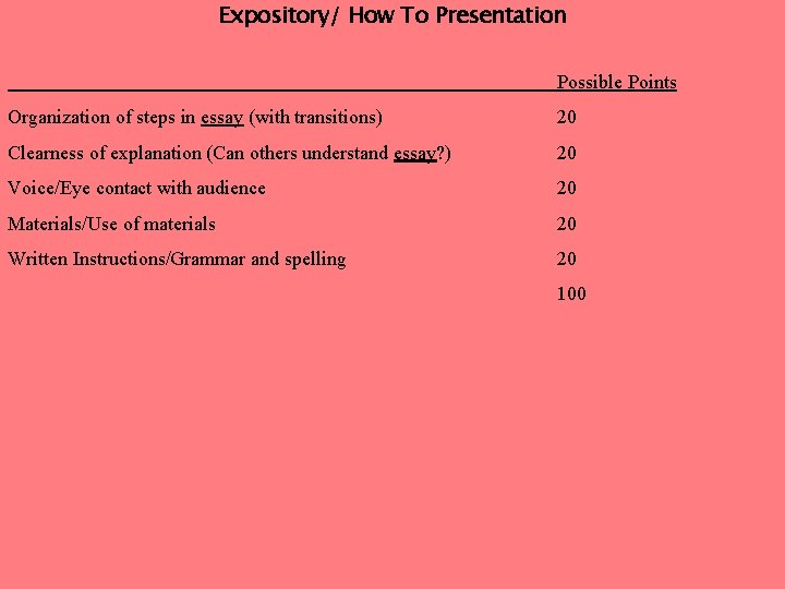 Expository/ How To Presentation Possible Points Organization of steps in essay (with transitions) 20