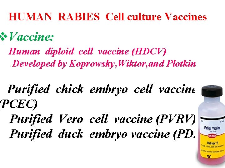 HUMAN RABIES Cell culture Vaccines v. Vaccine: Human diploid cell vaccine (HDCV) Developed by