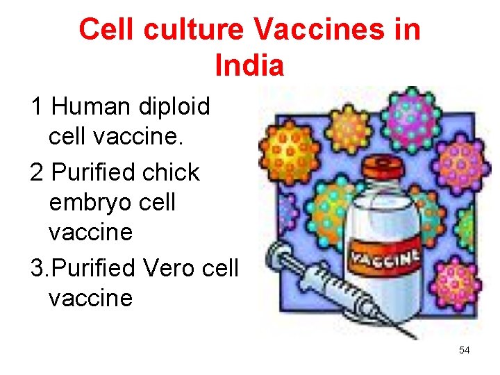 Cell culture Vaccines in India 1 Human diploid cell vaccine. 2 Purified chick embryo