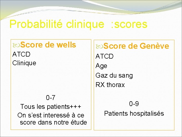 Probabilité clinique : scores Score de wells Score de Genève ATCD Clinique ATCD Age