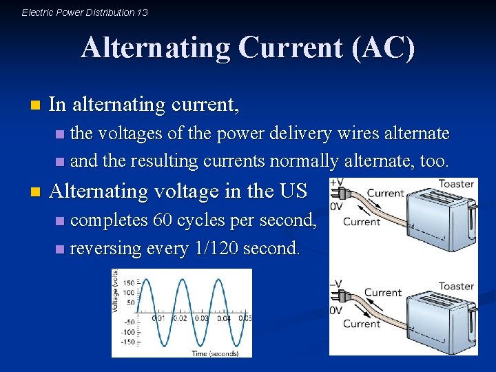 Electric Power Distribution 13 Alternating Current (AC) n In alternating current, the voltages of