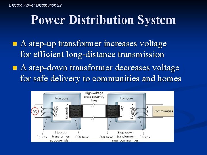Electric Power Distribution 22 Power Distribution System A step-up transformer increases voltage for efficient Electric Power Distribution 22 Power Distribution System A step-up transformer increases voltage for efficient