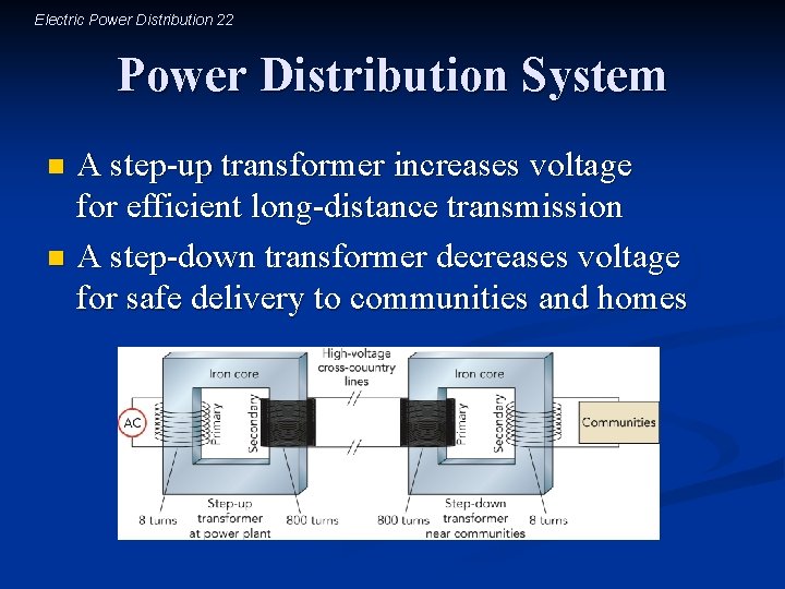 Electric Power Distribution 22 Power Distribution System A step-up transformer increases voltage for efficient