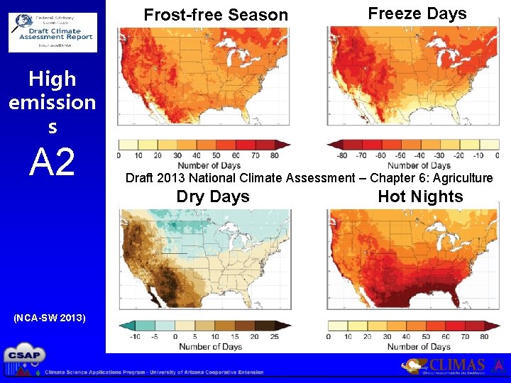 Frost-free Season Freeze Days High emission s A 2 Draft 2013 National Climate Assessment