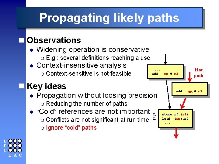 Propagating likely paths n Observations l Widening operation is conservative m E. g. :