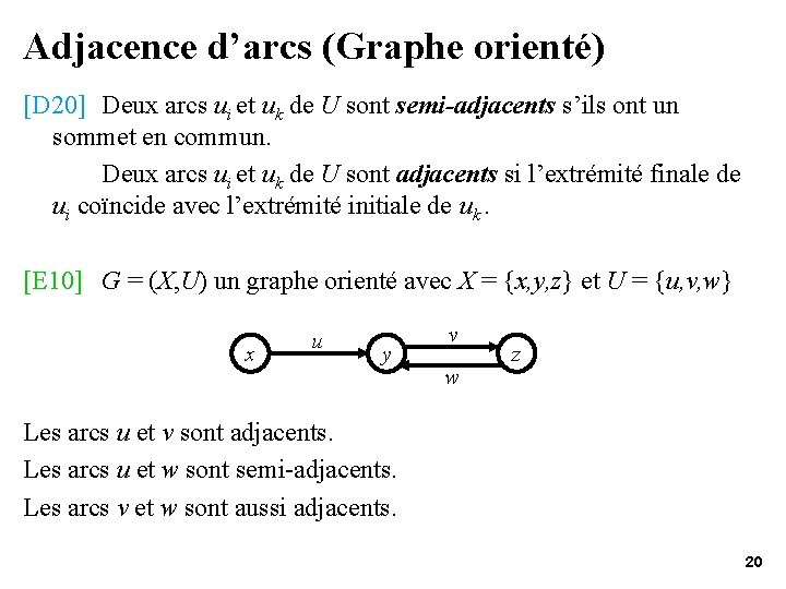 Adjacence d’arcs (Graphe orienté) [D 20] Deux arcs ui et uk de U sont