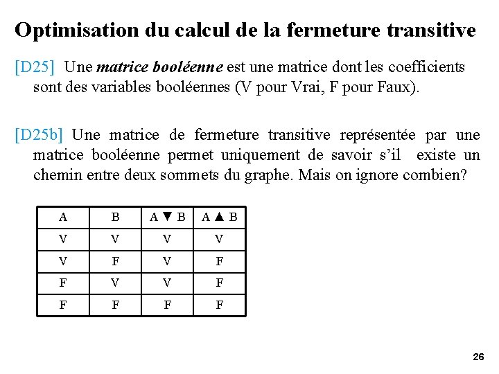 Optimisation du calcul de la fermeture transitive [D 25] Une matrice booléenne est une