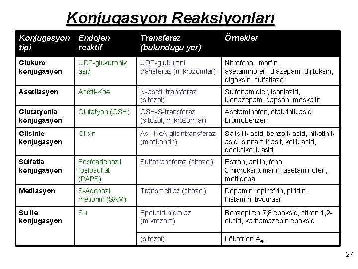 Konjugasyon Reaksiyonları Konjugasyon tipi Endojen reaktif Transferaz (bulunduğu yer) Örnekler Glukuro konjugasyon UDP-glukuronik asid