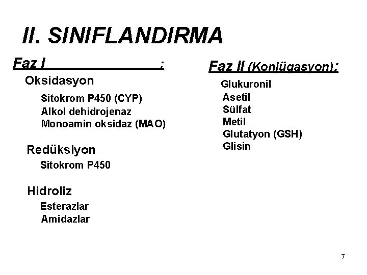 II. SINIFLANDIRMA F az I : Oksidasyon Sitokrom P 450 (CYP) Alkol dehidrojenaz Monoamin