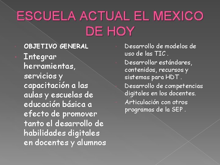 ESCUELA ACTUAL EL MEXICO DE HOY OBJETIVO GENERAL Integrar herramientas, servicios y capacitación a