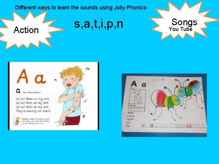 Different ways to learn the sounds using Jolly Phonics- Action s, a, t, i,