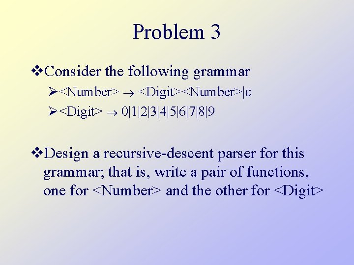 Problem 3 v. Consider the following grammar Ø<Number> <Digit><Number>| Ø<Digit> 0|1|2|3|4|5|6|7|8|9 v. Design a