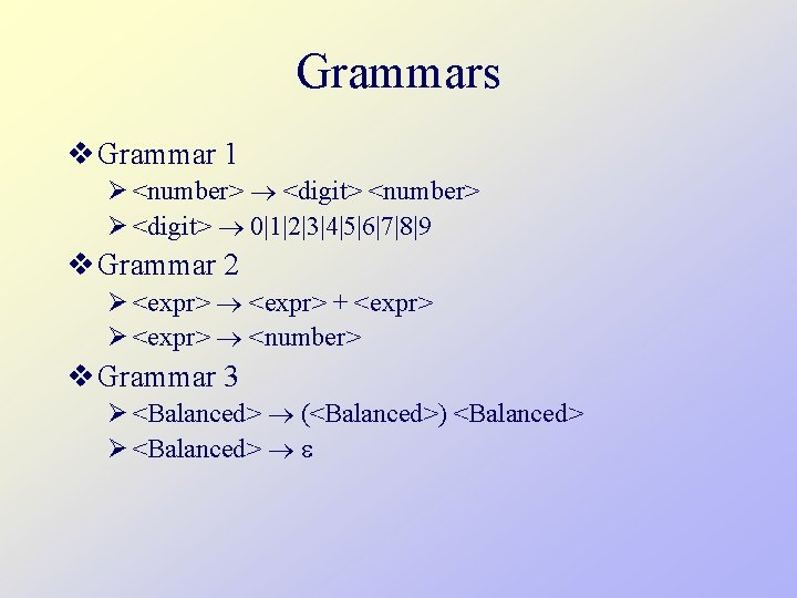 Grammars v Grammar 1 Ø <number> <digit> <number> Ø <digit> 0|1|2|3|4|5|6|7|8|9 v Grammar 2