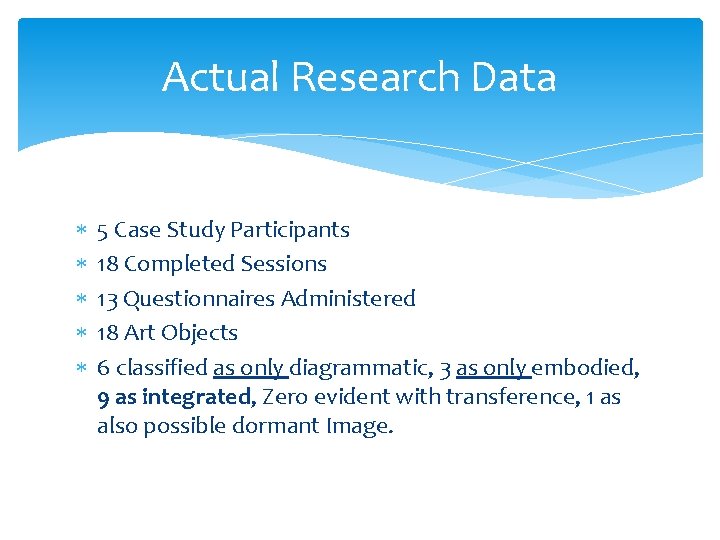 Actual Research Data 5 Case Study Participants 18 Completed Sessions 13 Questionnaires Administered 18 Actual Research Data 5 Case Study Participants 18 Completed Sessions 13 Questionnaires Administered 18