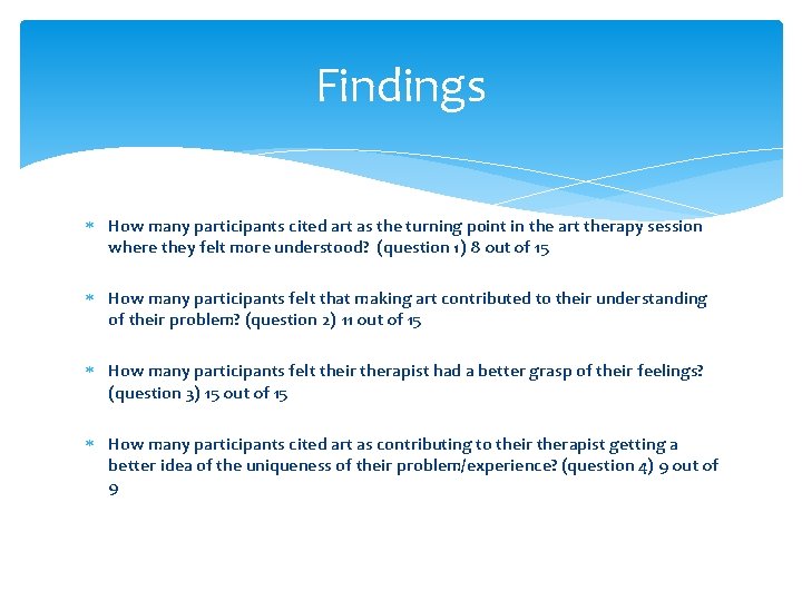 Findings How many participants cited art as the turning point in the art therapy Findings How many participants cited art as the turning point in the art therapy