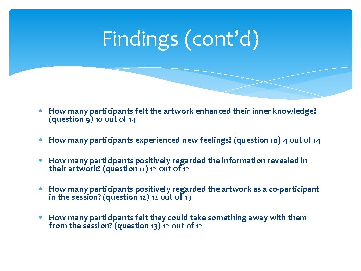 Findings (cont’d) How many participants felt the artwork enhanced their inner knowledge? (question 9) Findings (cont’d) How many participants felt the artwork enhanced their inner knowledge? (question 9)