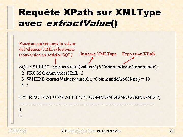 Requête XPath sur XMLType avec extract. Value() Fonction qui retourne la valeur de l’élément