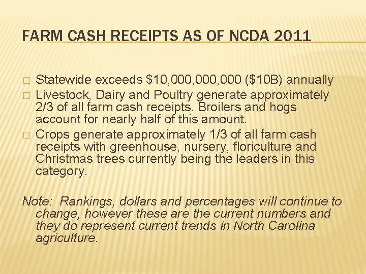FARM CASH RECEIPTS AS OF NCDA 2011 � � � Statewide exceeds $10, 000, FARM CASH RECEIPTS AS OF NCDA 2011 � � � Statewide exceeds $10, 000,