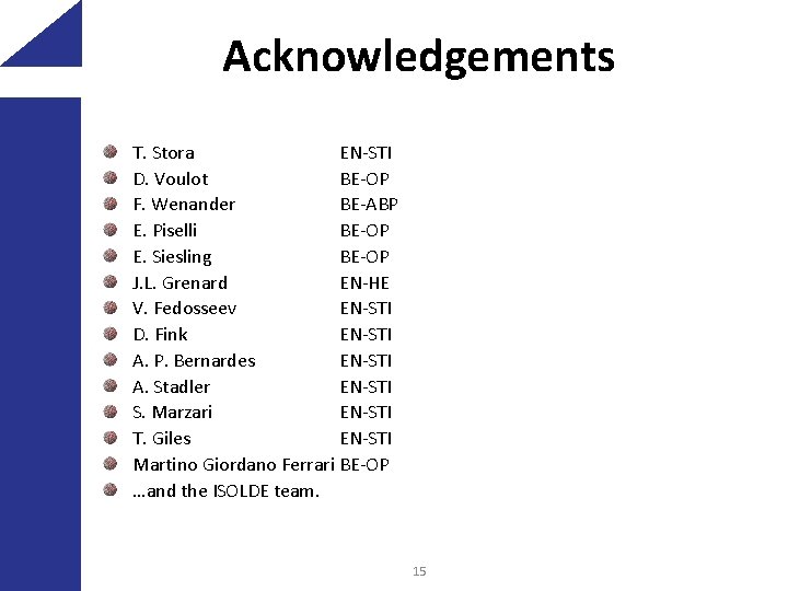 Acknowledgements T. Stora EN-STI D. Voulot BE-OP F. Wenander BE-ABP E. Piselli BE-OP E.